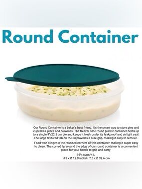 Freezer-safe Round Container for pies/desserts/snacks-Teal